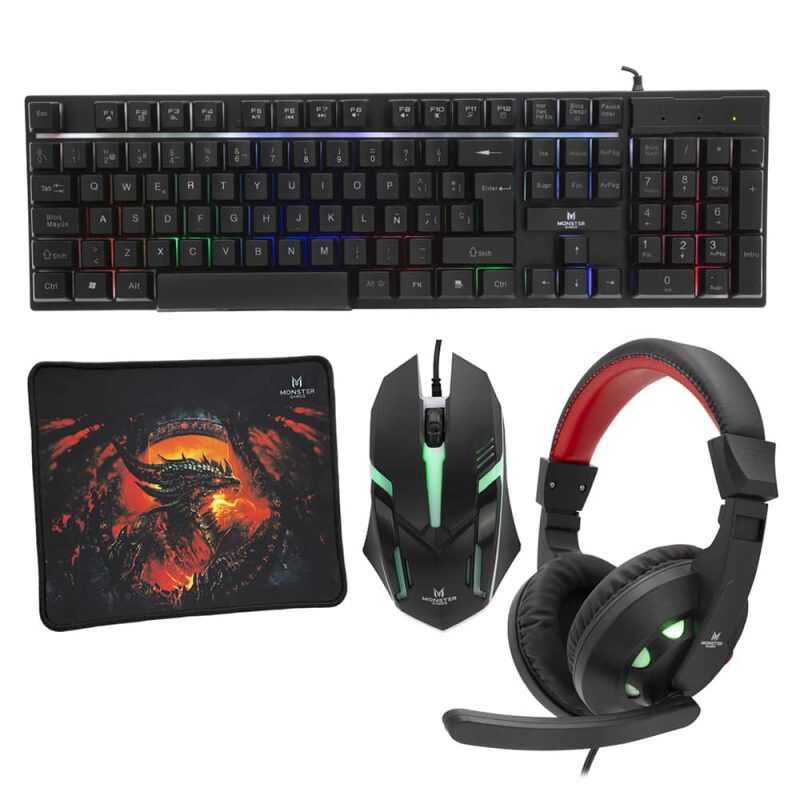 Kit 4 en 1 Monster Games Insertion K4125: Teclado + Audífonos + Mouse + Mousepad